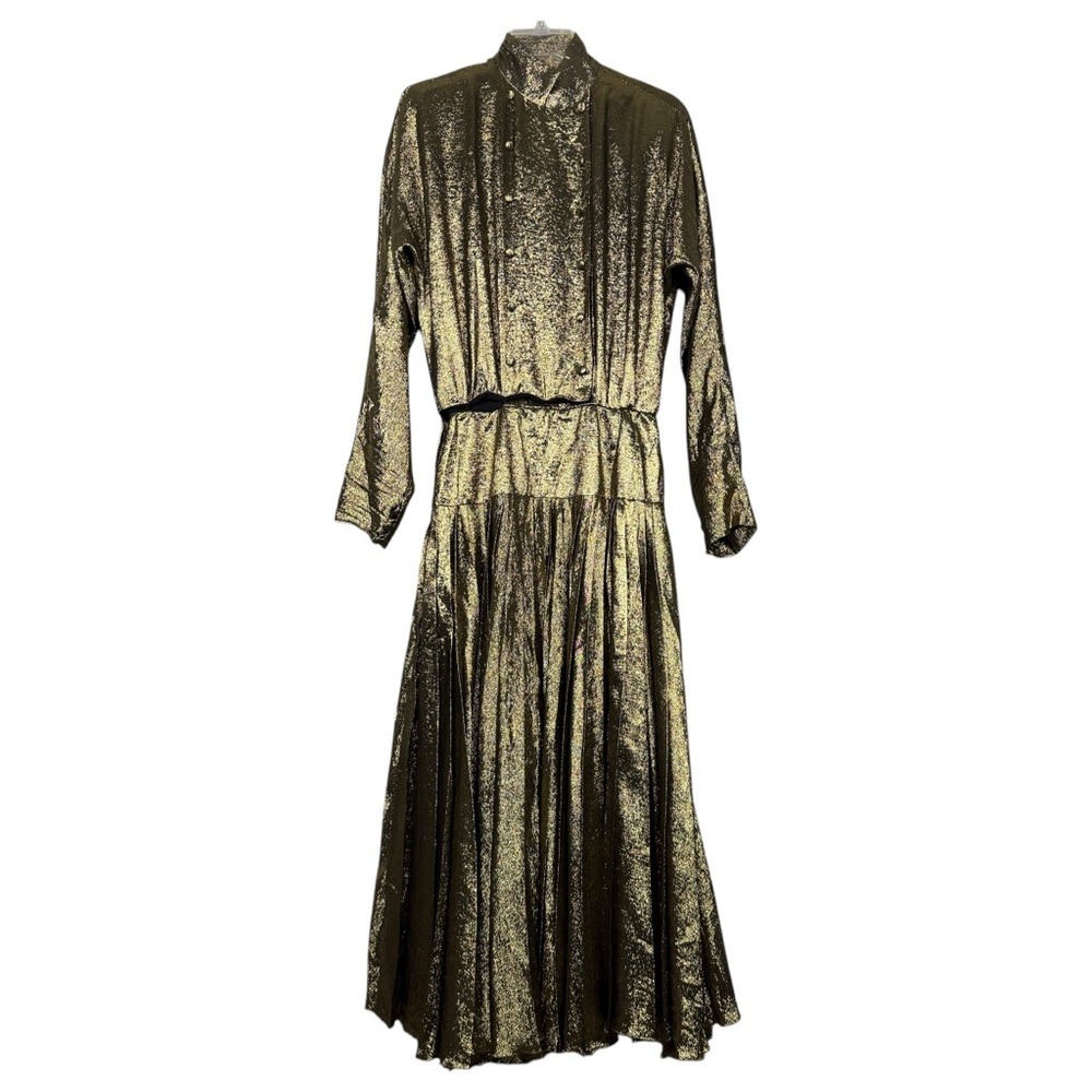 Jean-Louis Scherrer Paris Silk Gold Lame Button Circle Skirt Pleated Dress - Picture 2 of 9